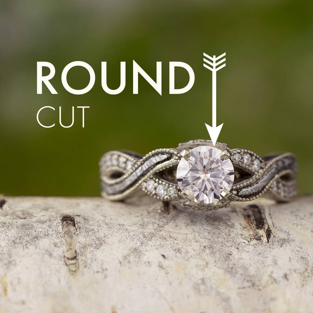 Meteorite twist engagement ring with round cut diamond