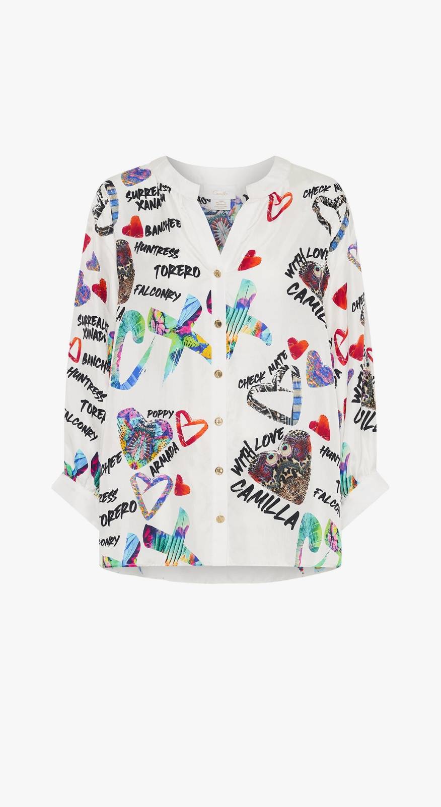 CAMILLA new season white and graphic printed button up top on grey background