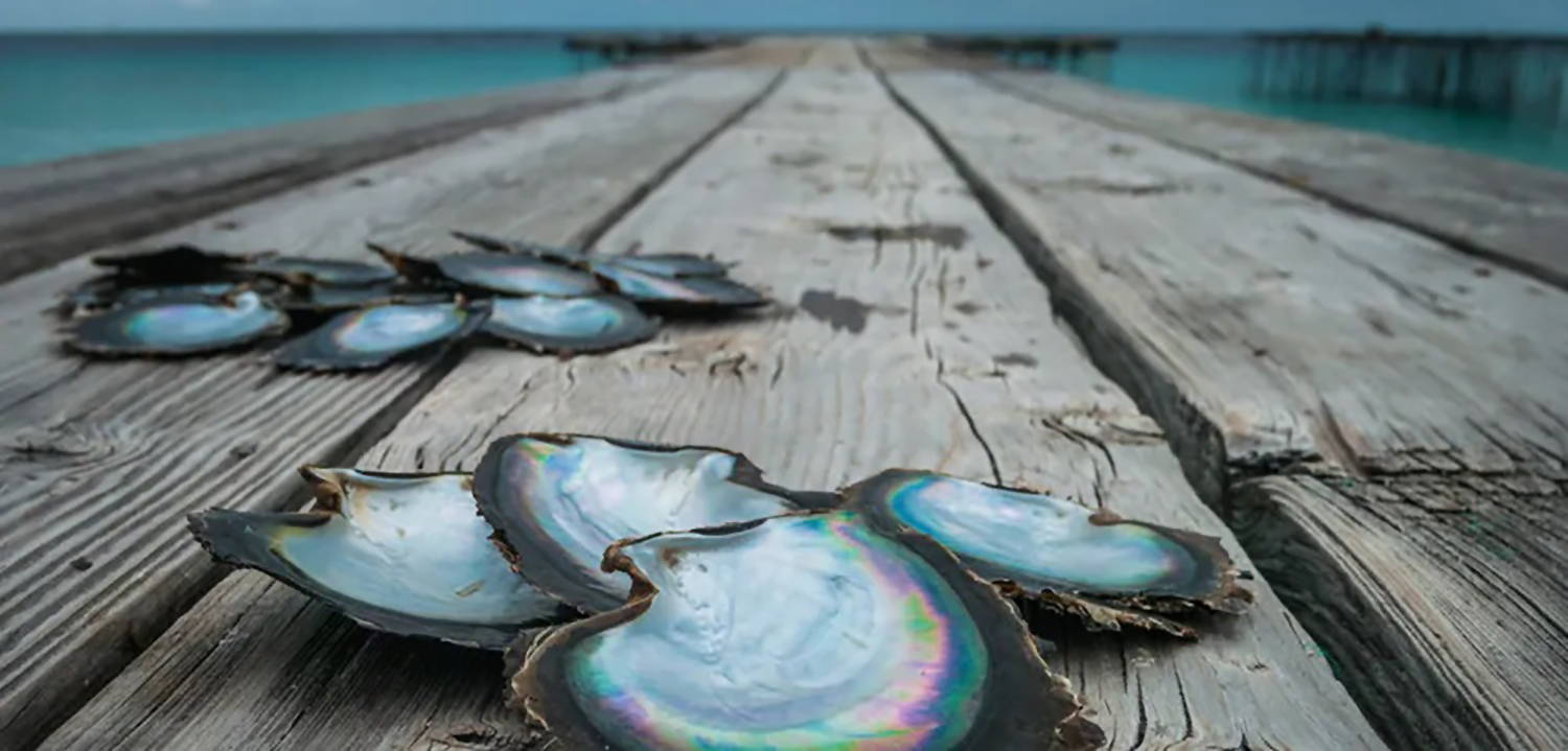 Tahitian Oysters Shells on a Beach Dock