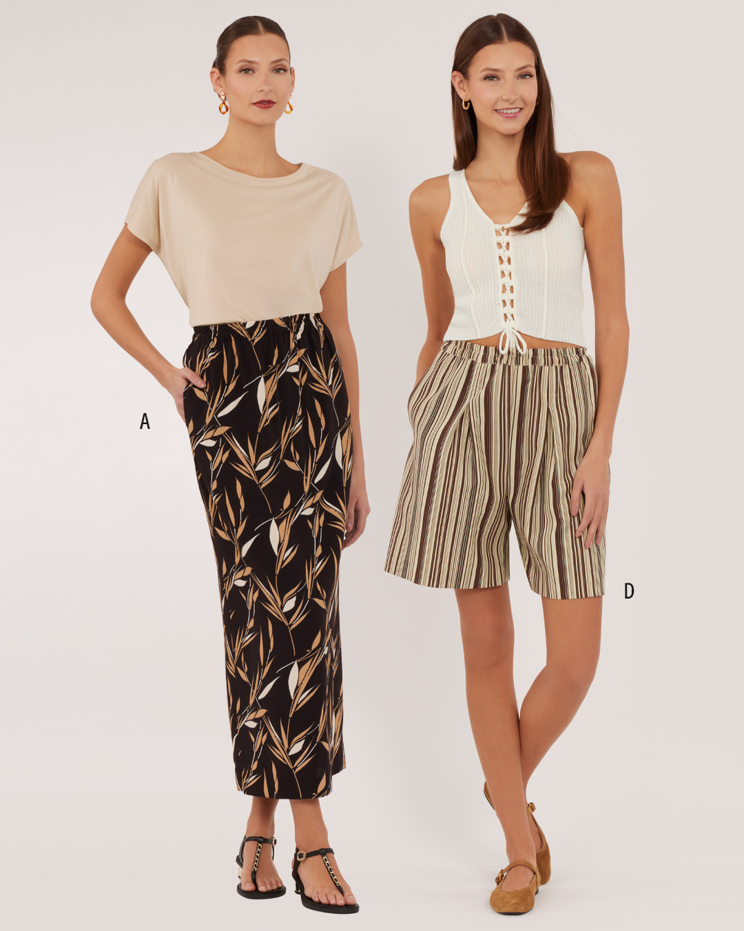 Two models wearing stylish outfits: one in a long skirt, the other in shorts.
