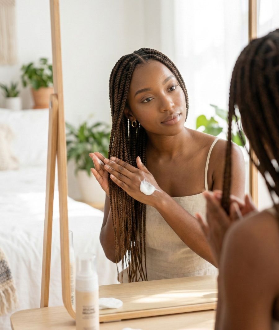 Person applying hair product while looking in a mirror.
