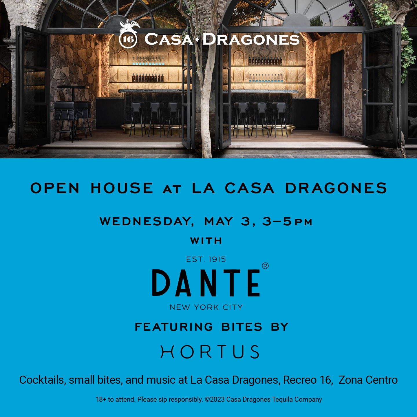 open house at la casa dragones with international mixologists, invitation, dante