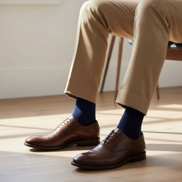 Sitting man wearing khaki dress pants, navy socks and brown dress shoes.