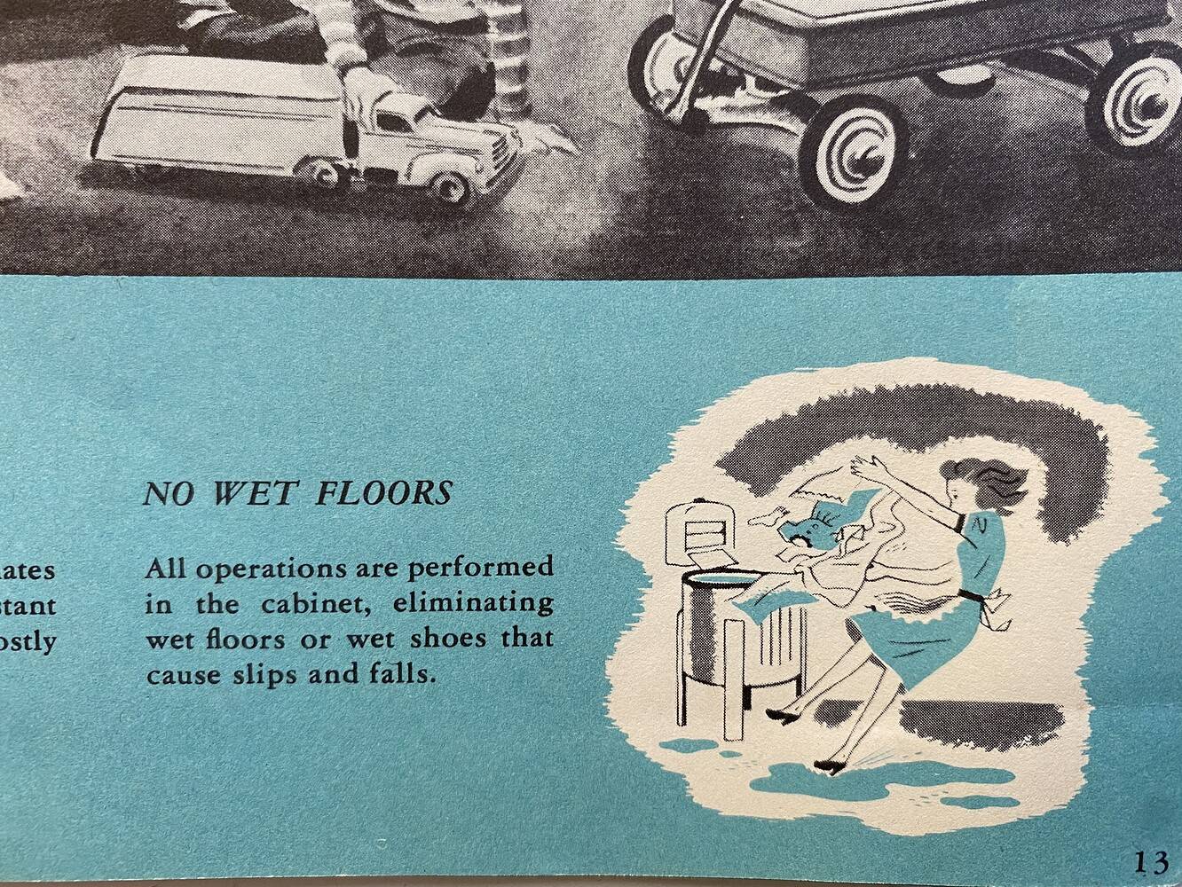 A spot illustration from a Mid-Century washing machine brochure. It shows a woman tripping on a puddle of water besides a washing machine. Text next to the image reads 
