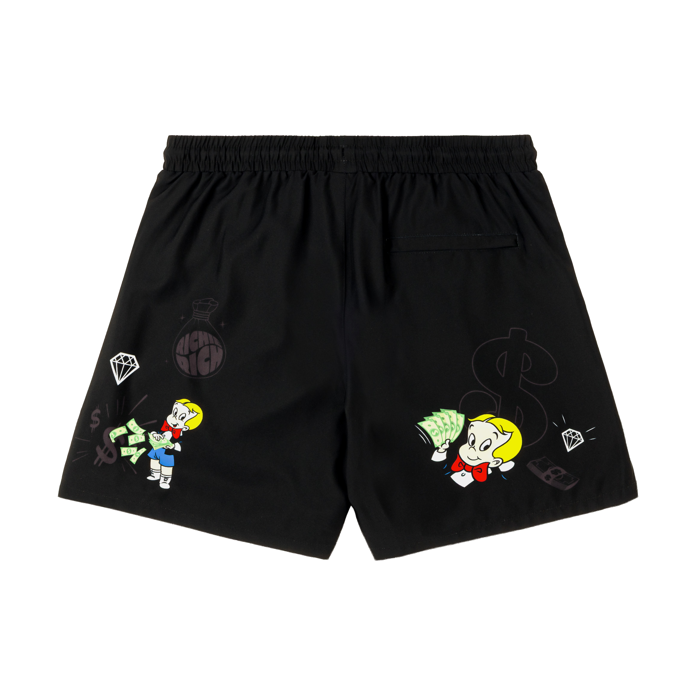 Black shorts with cartoon characters and money graphics.