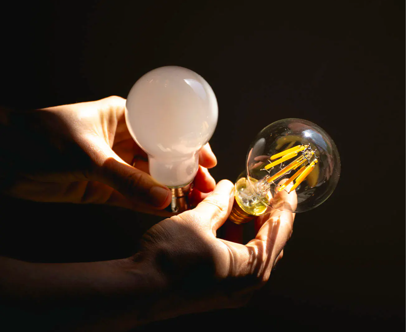 Hands holding two light bulbs in a dark setting.