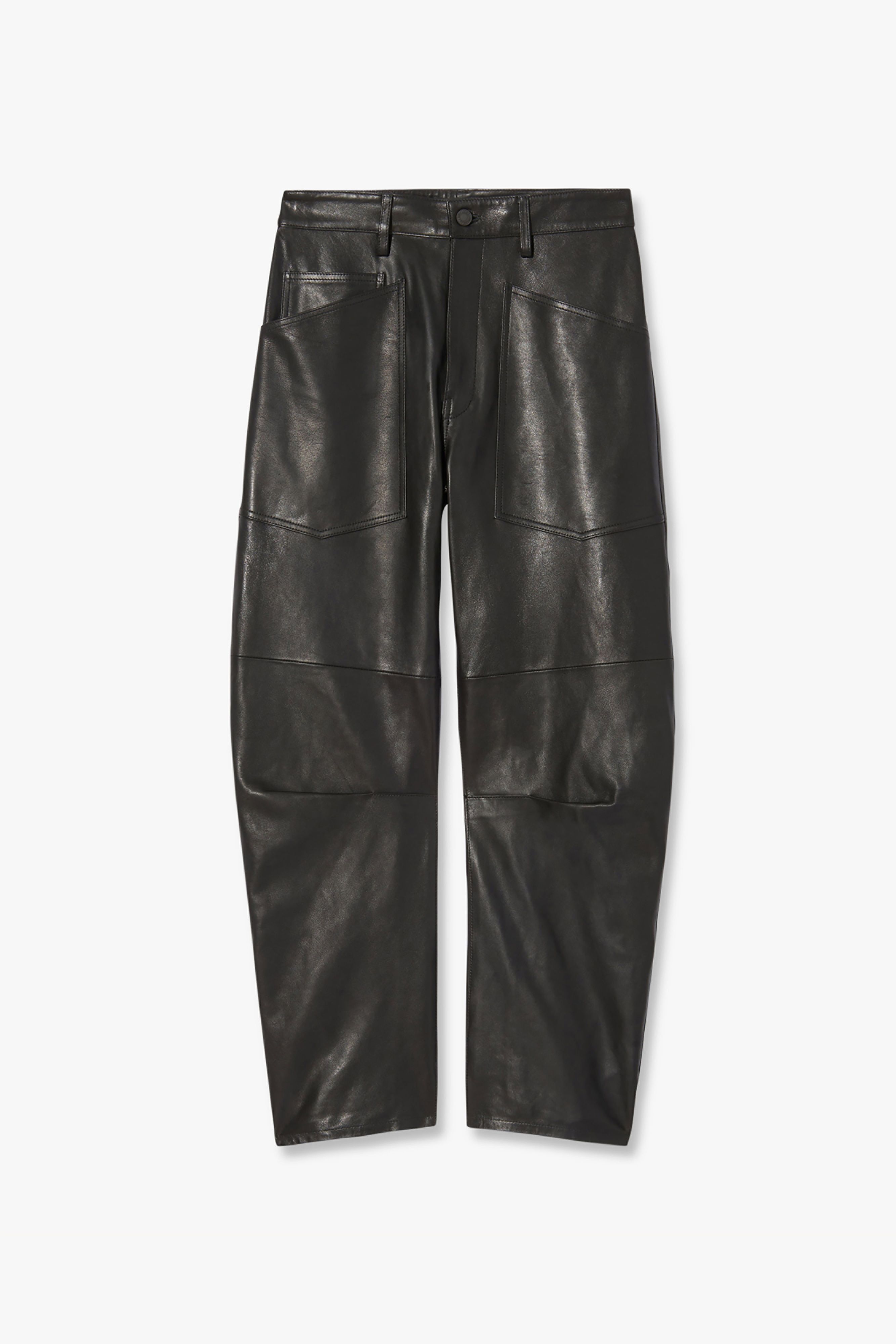 Black leather pants displayed against a plain background.