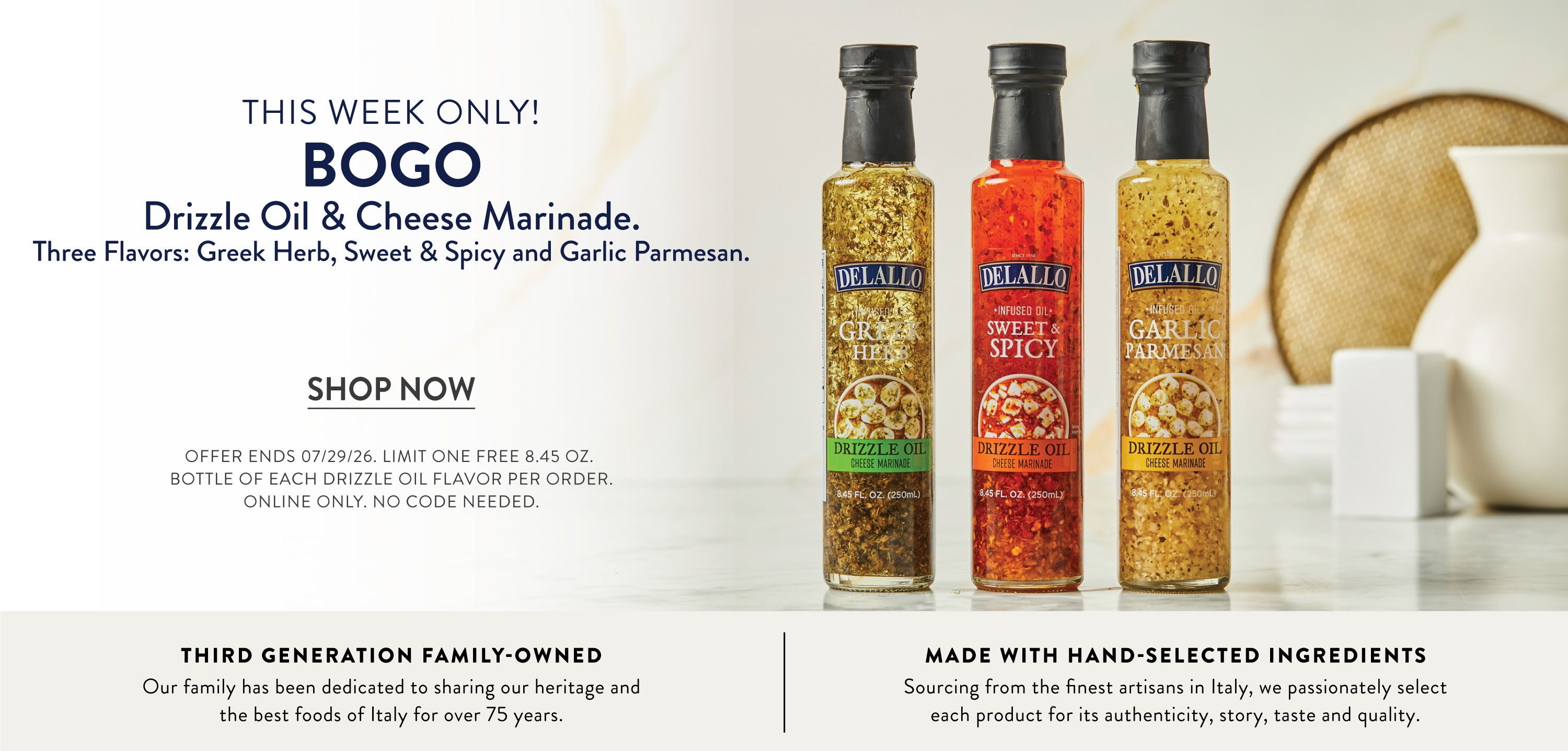 Promotional image for buy one, get one free oil and cheese marinades.