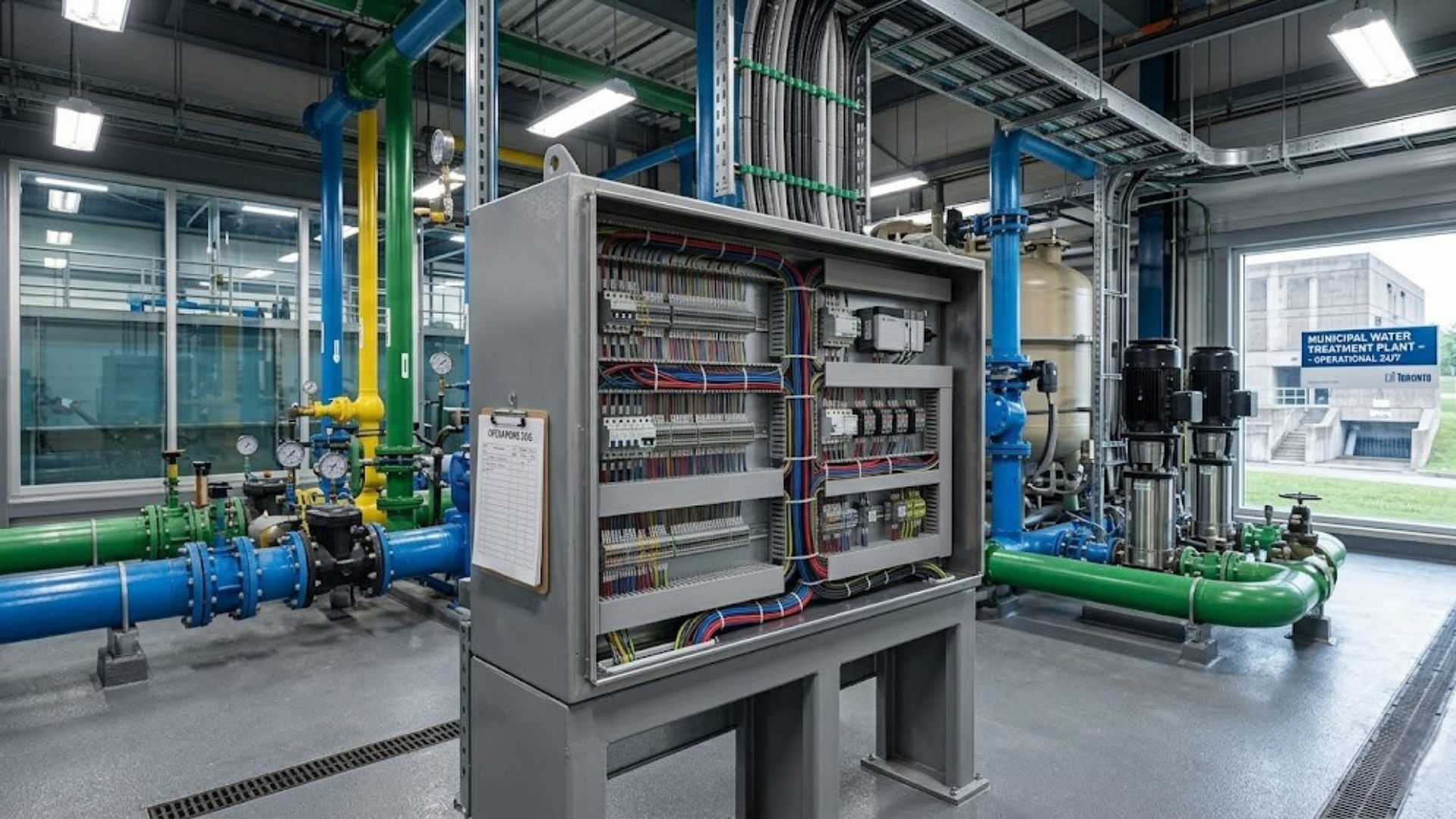 A wide, high-angle shot of an open industrial control panel mounted on a steel frame within a municipal water treatment plant. The internal components, including terminal blocks, circuit breakers, and a PLC, are organized with precision. Bundles of color-coded wires (red, blue, black, and yellow) are routed through grey wiring ducts and secured with white cable ties for a clean, professional finish. The background features heavy-duty industrial infrastructure, including large green and blue piping systems fitted with pressure gauges and valves. To the right, high-capacity water pumps and a storage tank are visible. Large windows look out onto a concrete exterior and a sign identifying the facility. A clipboard with an operational log hangs on the side of the enclosure, emphasizing a functional, active maintenance environment.
