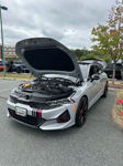 High-angle grey 2022 Kia K5 hood trunk open red black racing stripes Nicollette's Conductor's Special 232 train horn kit featured customer install gallery photo 1