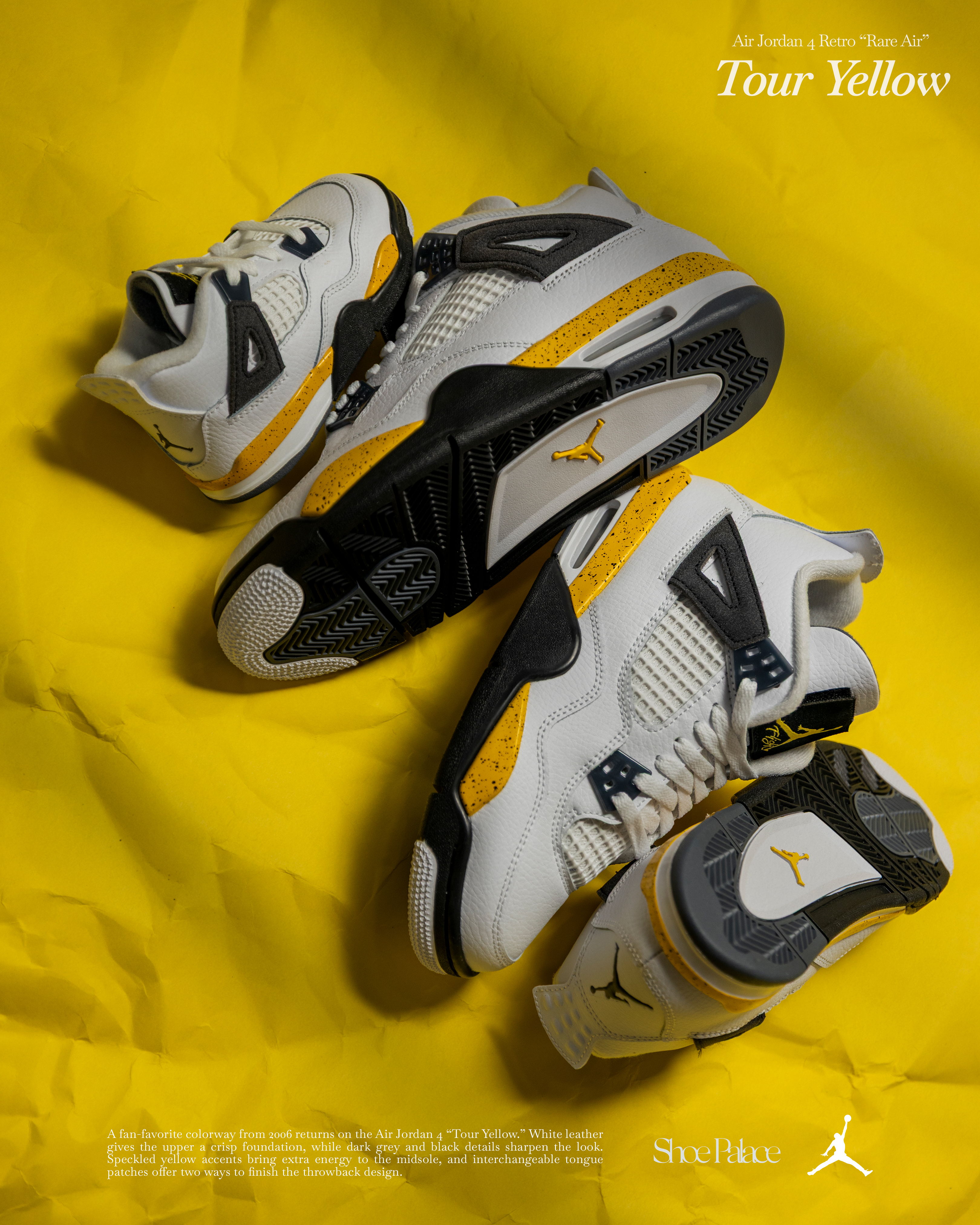 A pair of white and yellow sneakers on a yellow background.