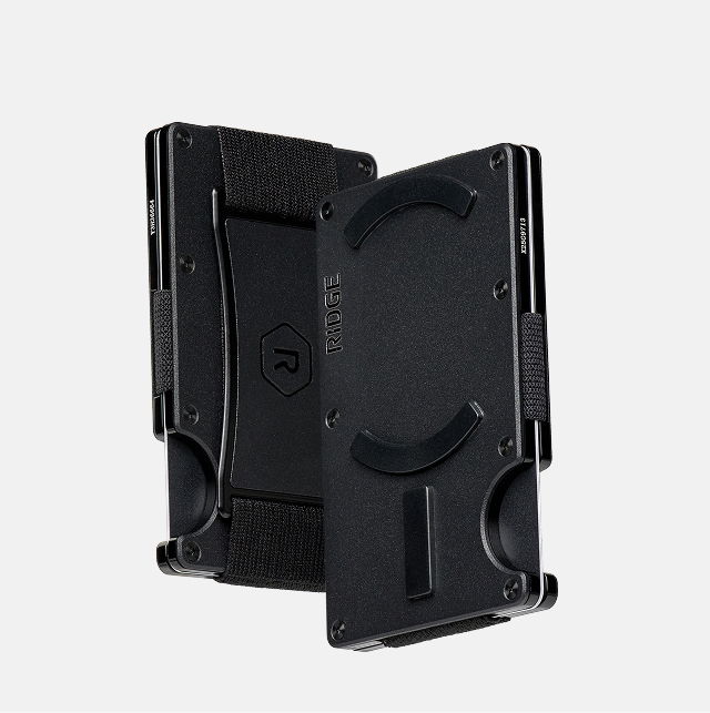 Black cardholder with a sleek, minimalist design, partially open.