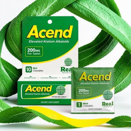 Acend kratom product packaging with green leaves in the background.
