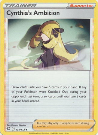 Cynthia's Ambition Pokémon card with drawing instructions and effects.