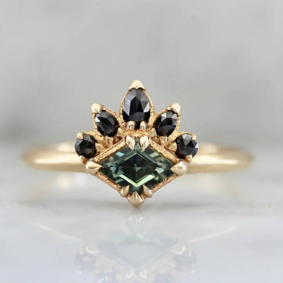 teal lozenge cut sapphire engagement ring