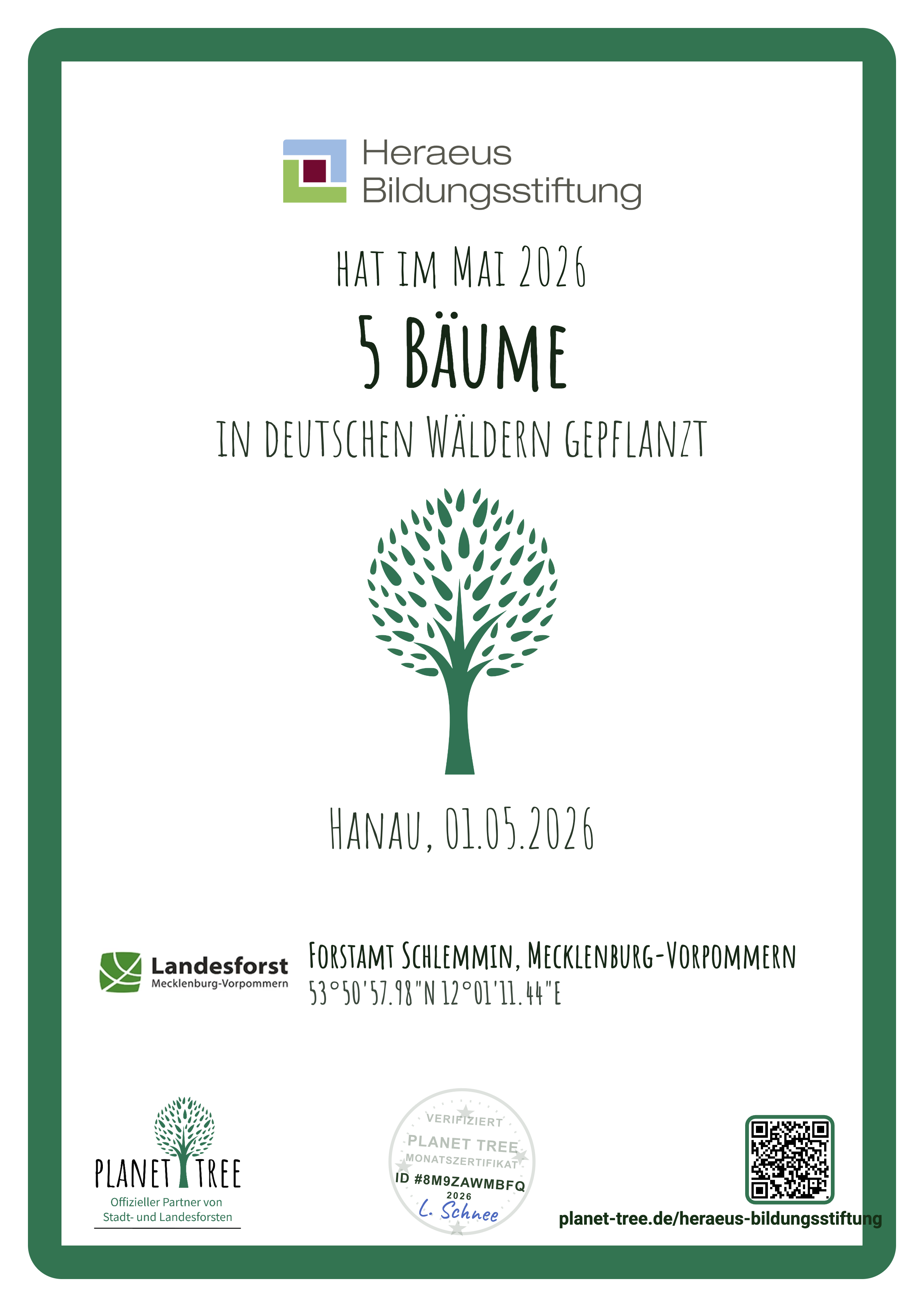 Certificate for planting five trees in German forests, dated May 2026.
