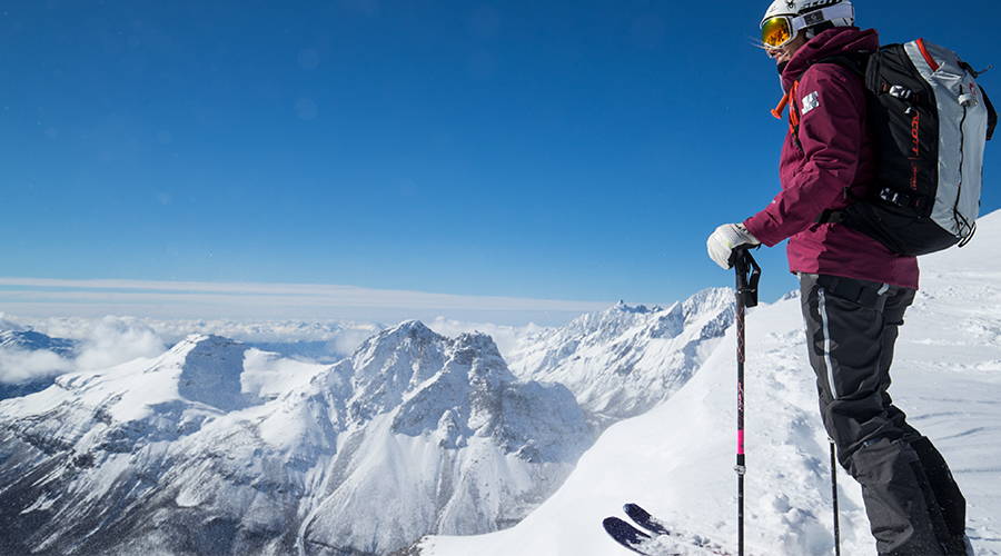 Amie Engerbretson getting ready to drop into the Andes mountains on her skis