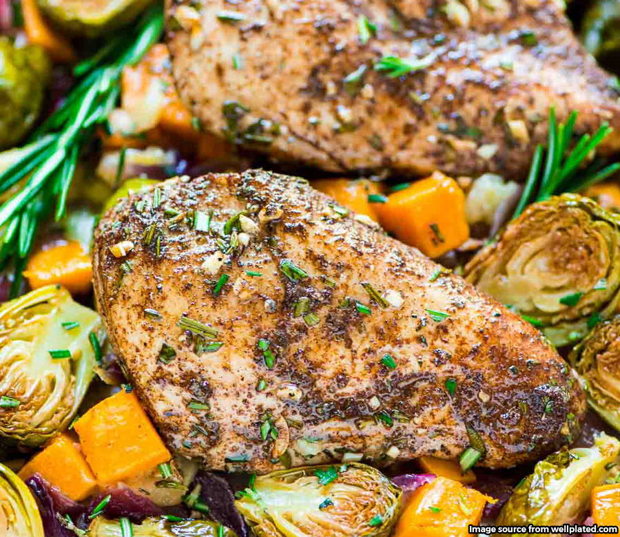 close up chicken breast with seasoned veggies