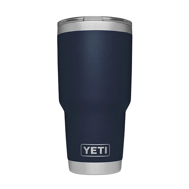 Navy blue YETI tumbler with silver lid.