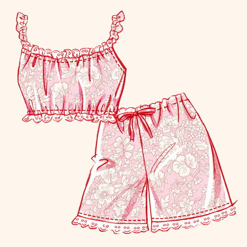 A pink floral pajama set featuring a tank top and shorts.