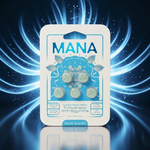 Package of MANA tablets with blue background and glowing effects.