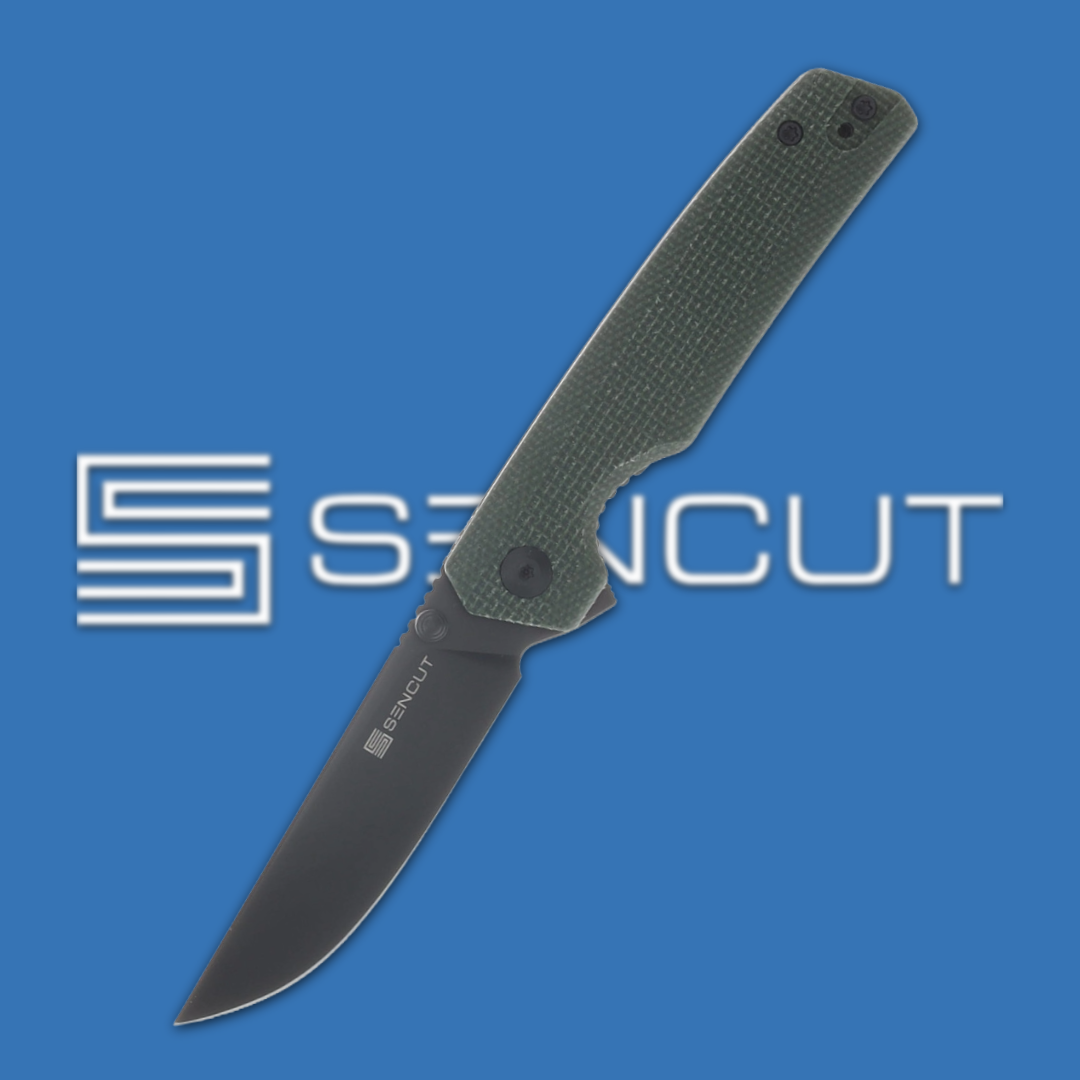 Folding knife on a blue background with SENCUT logo.