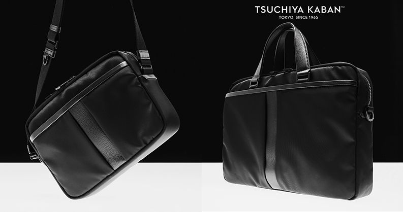 Black leather bag displayed from two angles on a black background.