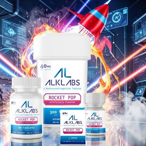 Bottles of supplements with a rocket graphic in a vibrant background.