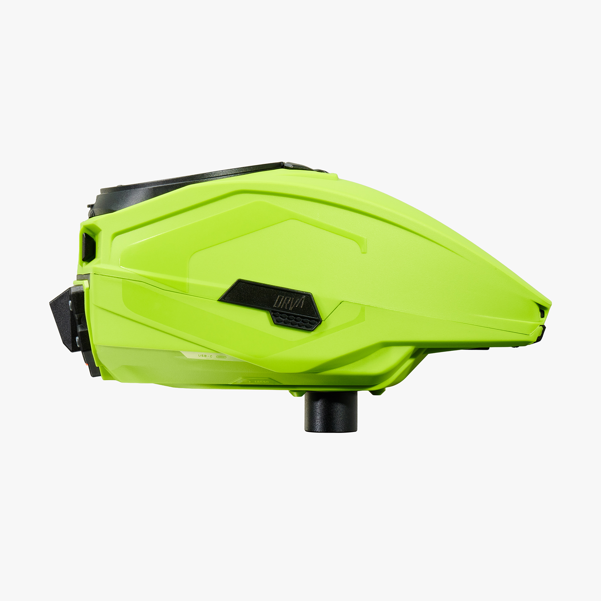 Green paintball hopper viewed from the side.
