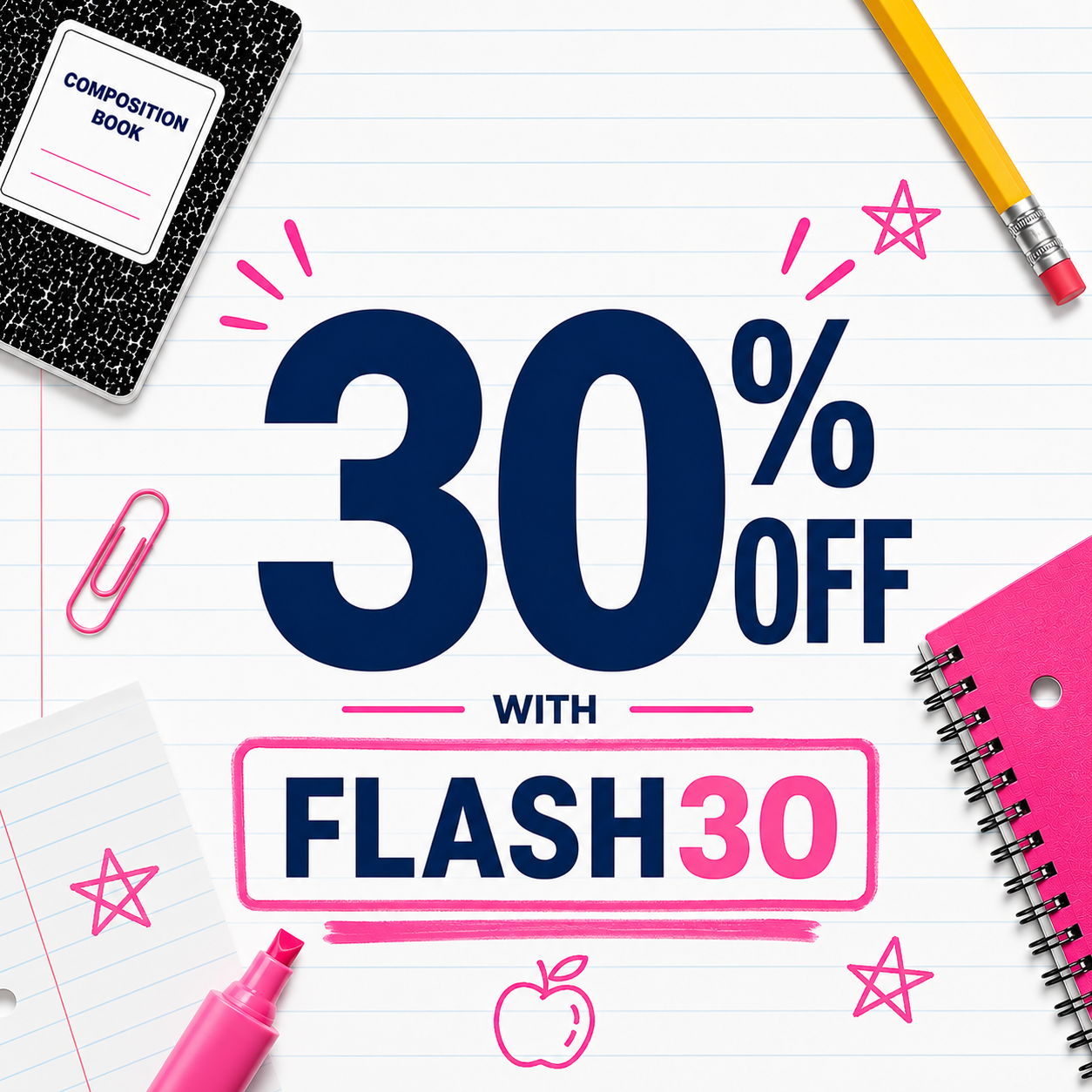 30% off with code FLASH30, featuring school supplies and stationery.