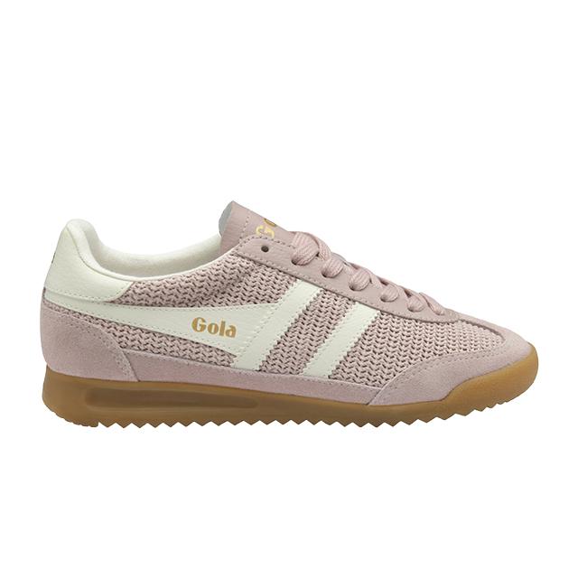 Pink and white Gola sneakers with a gum sole.
