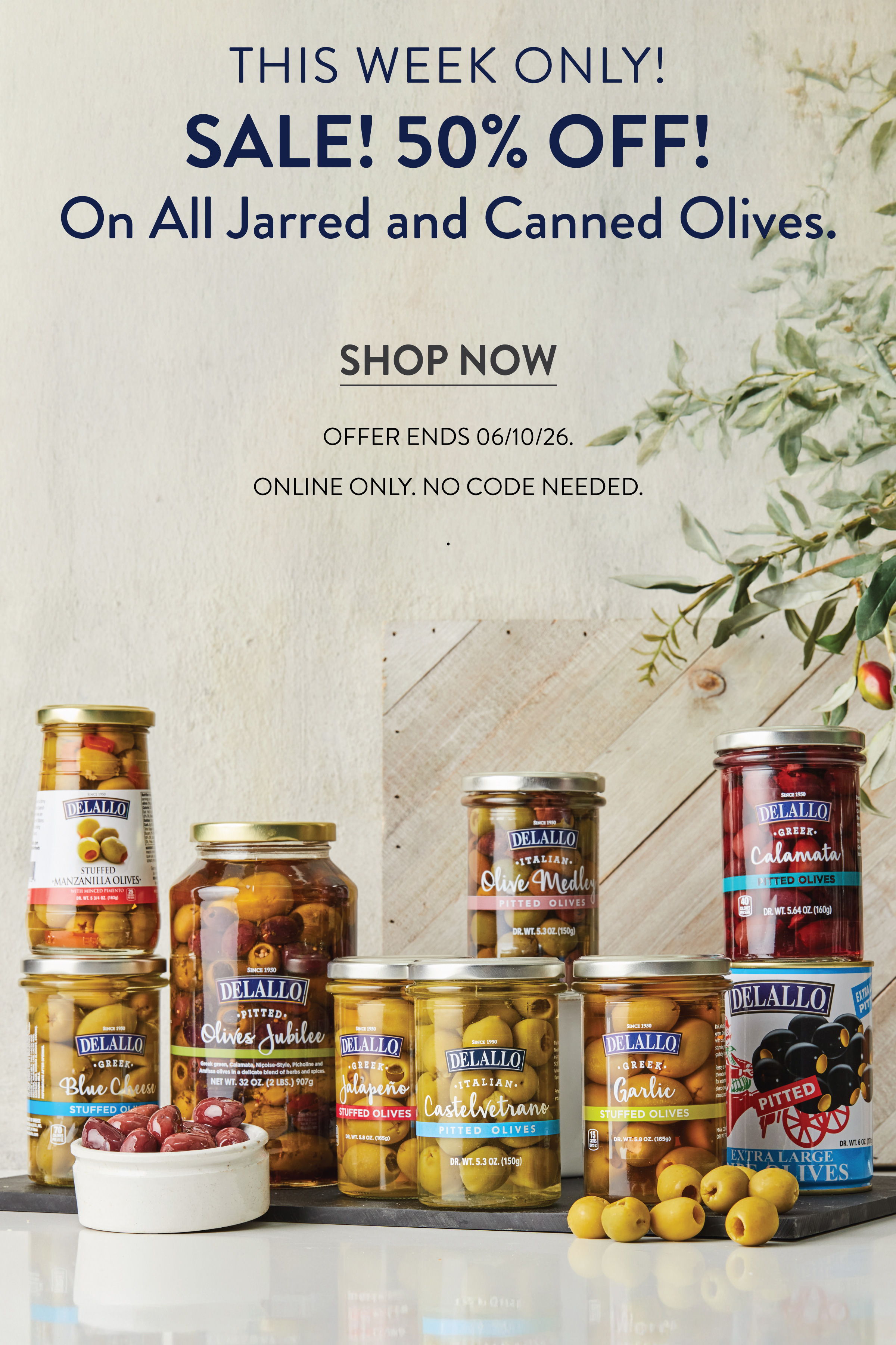 Sale advertisement for jarred and canned olives, highlighting 50% off.