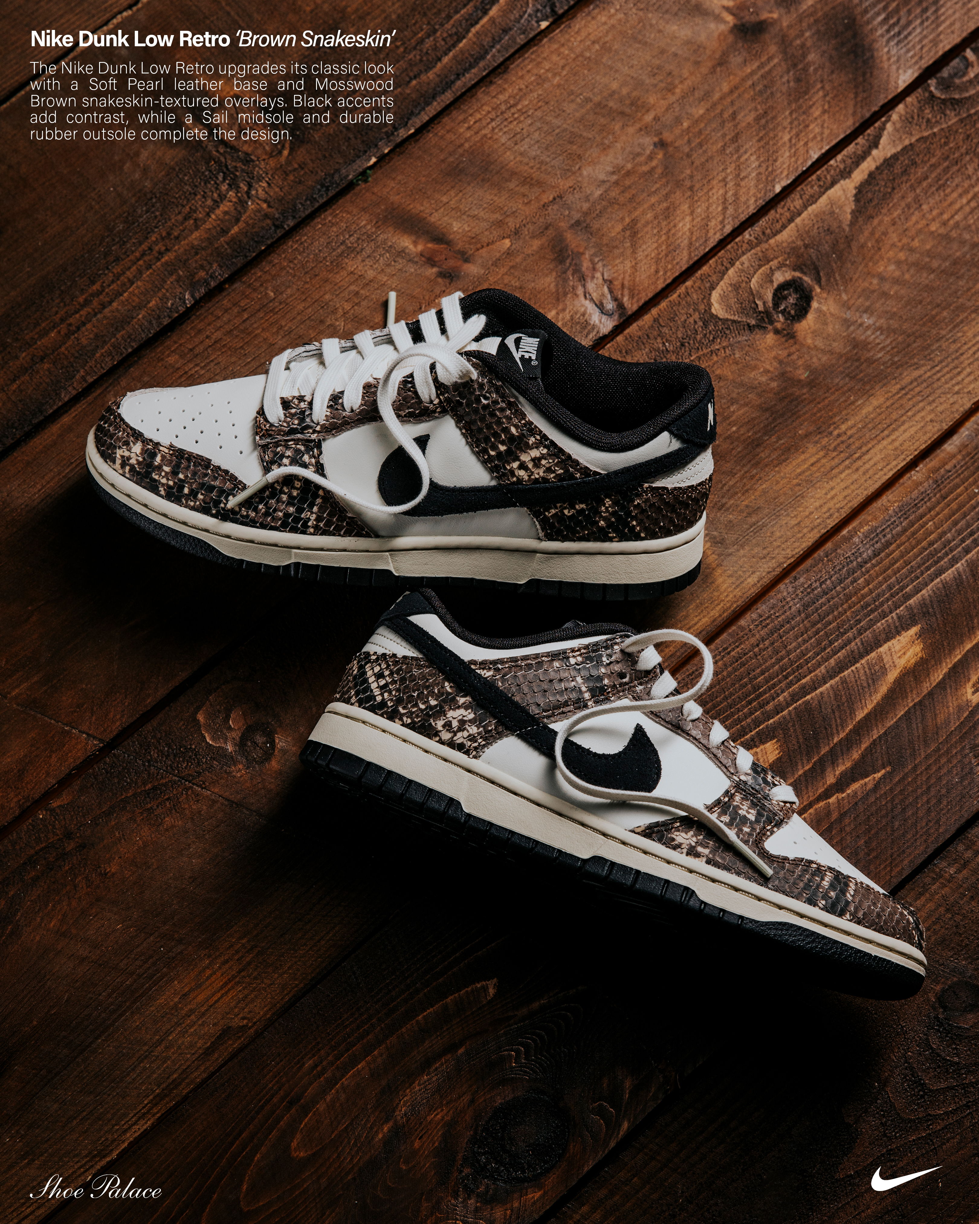 Nike sneakers on a wooden surface with detailed design elements.