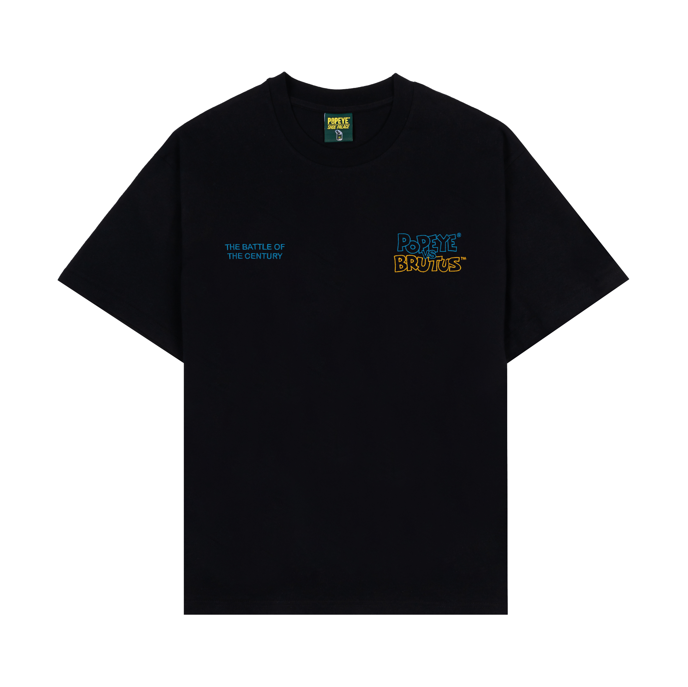 Black t-shirt with colorful text on the front.