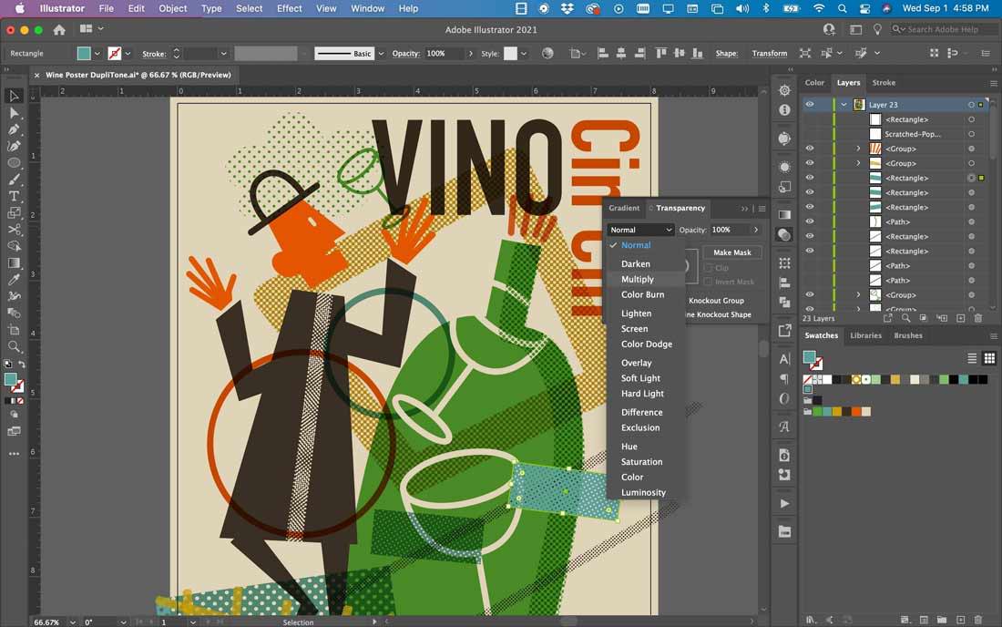 Setting shape appearance to Multiply in transparency panel in Adobe Illustrator
