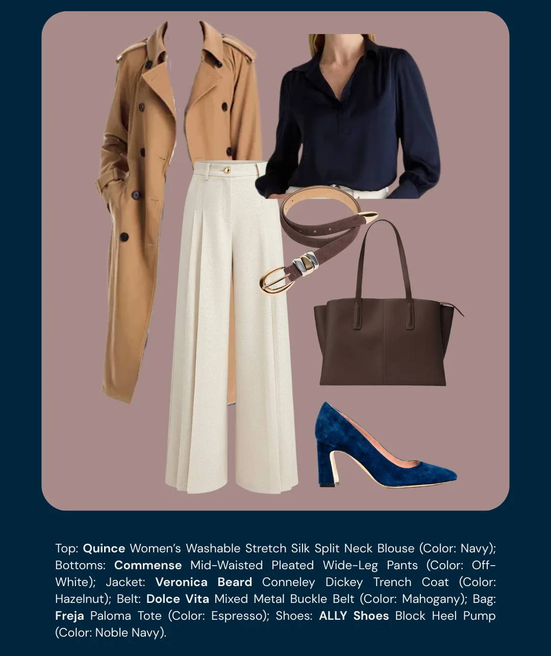 Outfit display featuring a trench coat, blouse, trousers, and accessories.