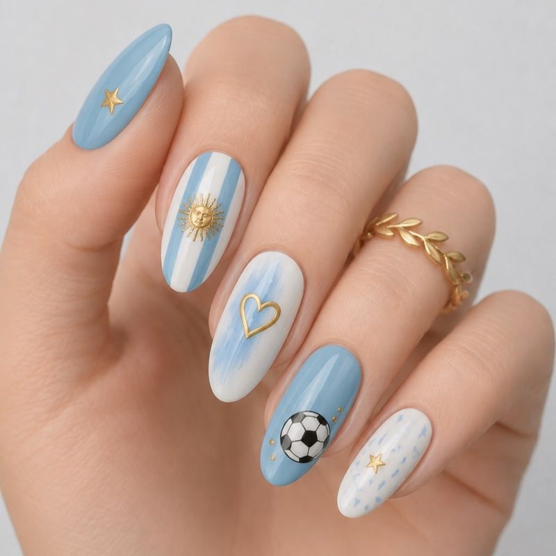Nail art featuring blue and white designs, including a soccer ball and heart.