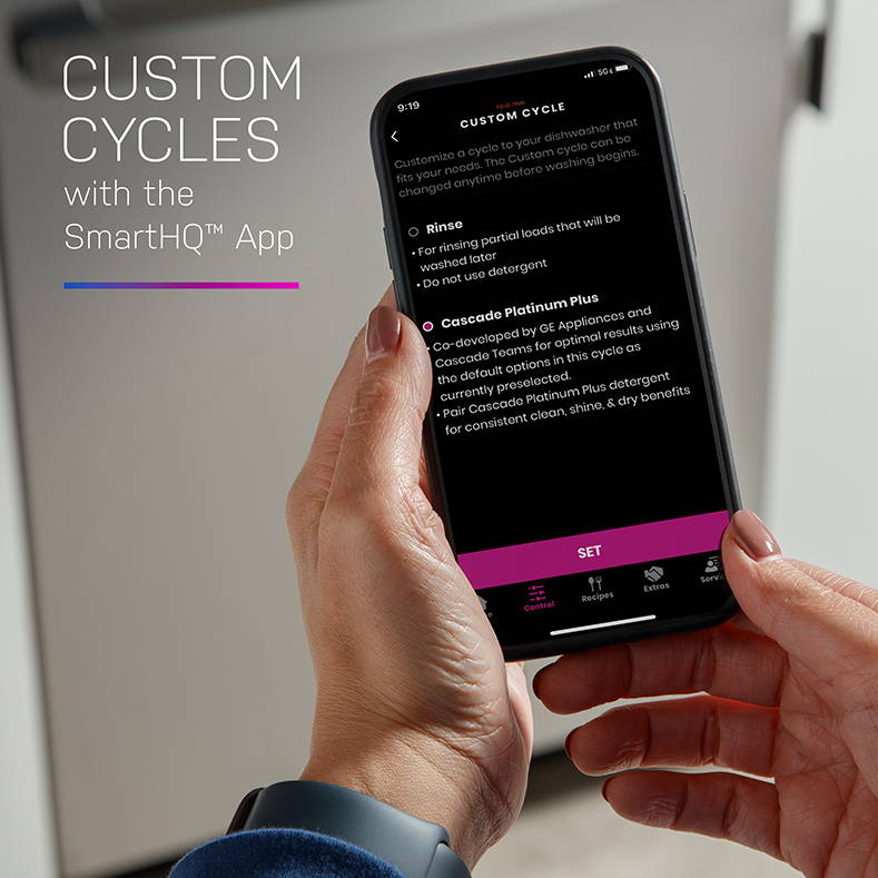 Photo of the smartHQ app on a smartphone, showing custom cycles with the SmartHQ app.