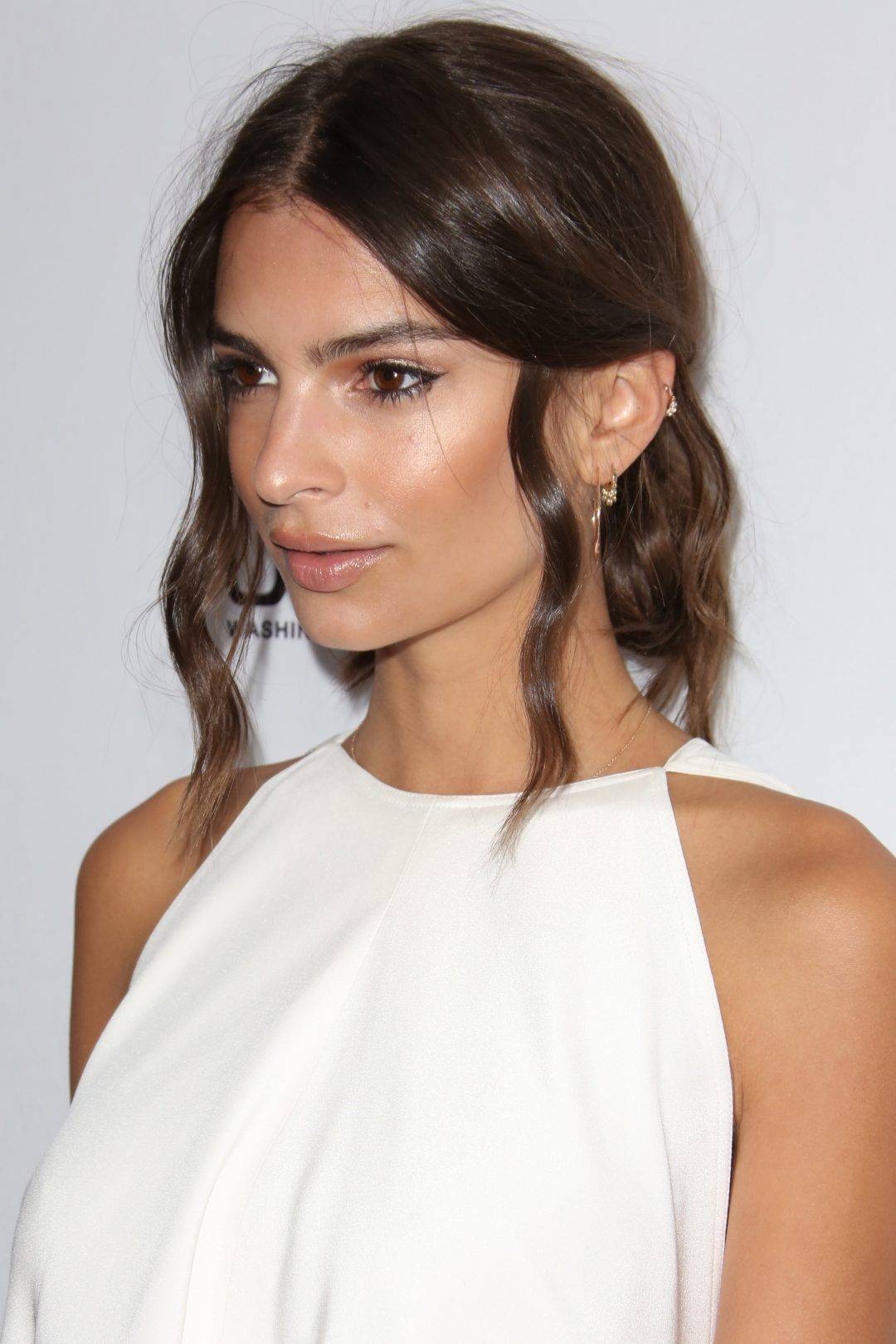 Emily Ratajkowski with low pony tail and curled hair around face