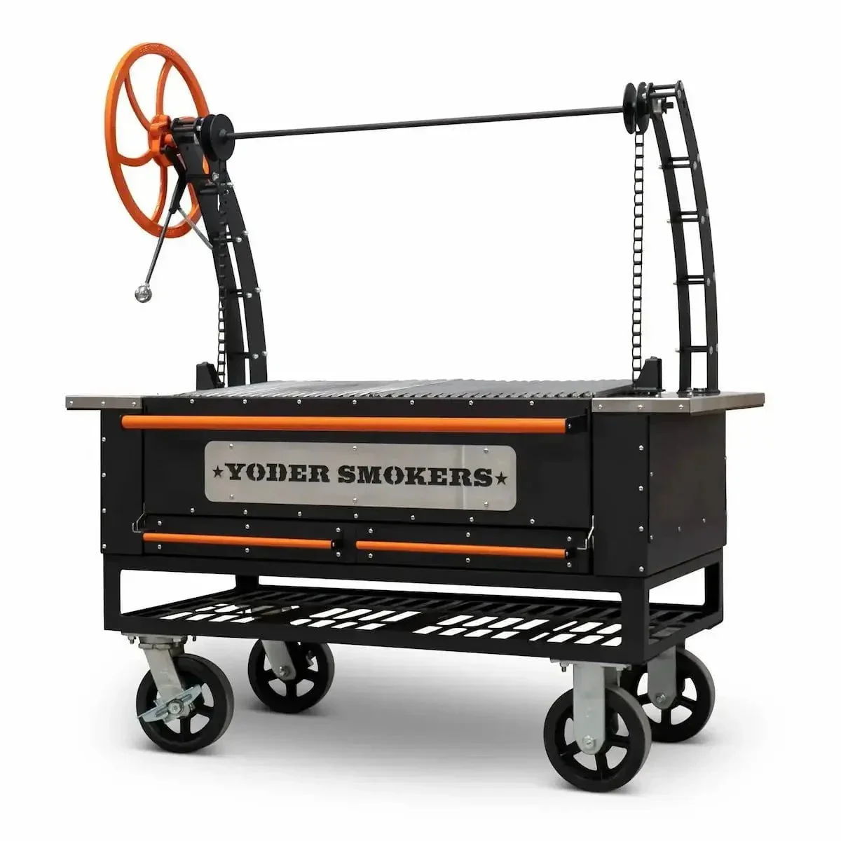 Yoder Smokers barbecue grill on wheels with a handle and cooking surface.
