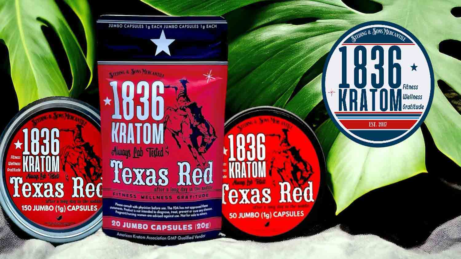 1836 Kratom Texas Red Kratom Jumbo Capsules 20ct, 50ct, & 150ct