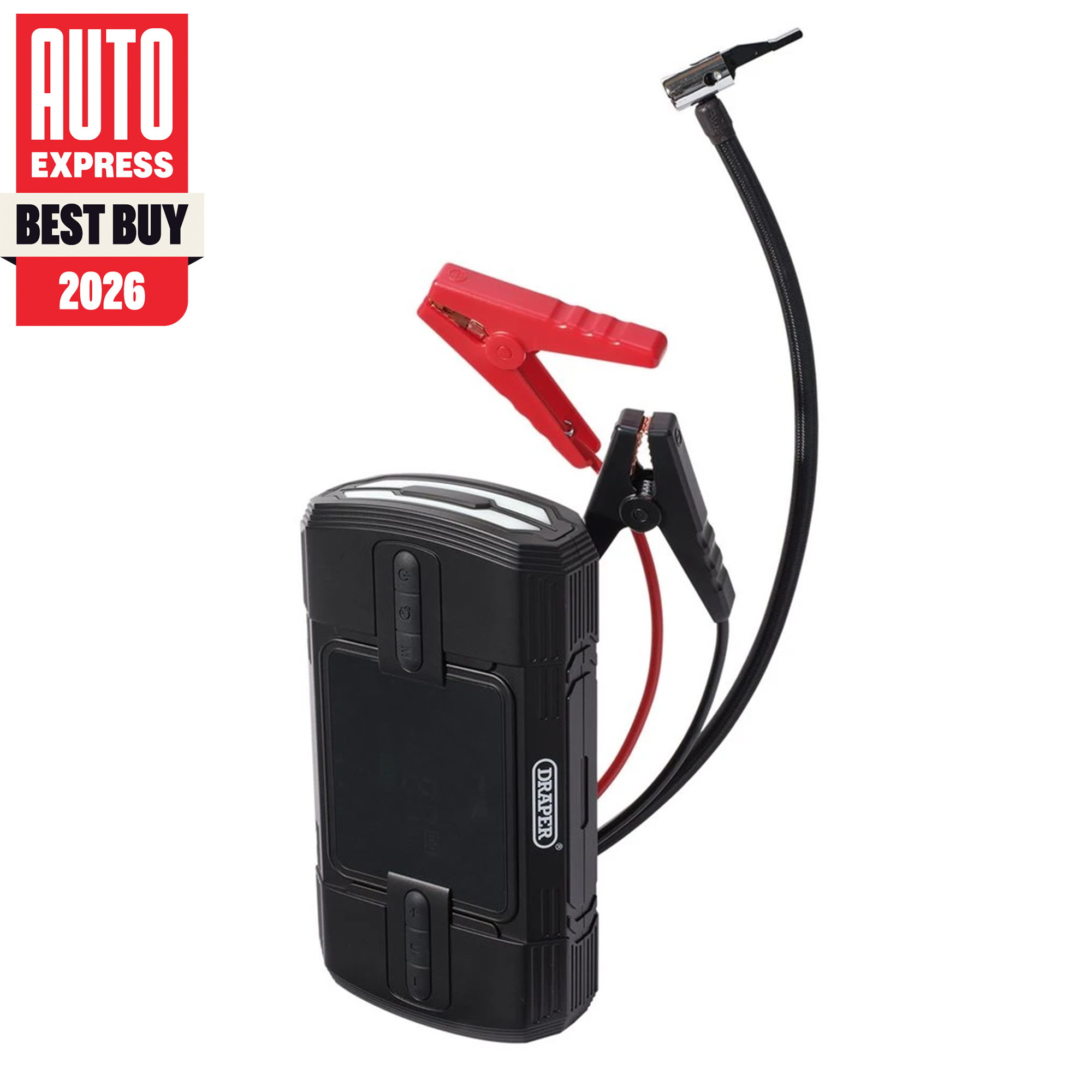 Portable jump starter with red and black clamps attached.