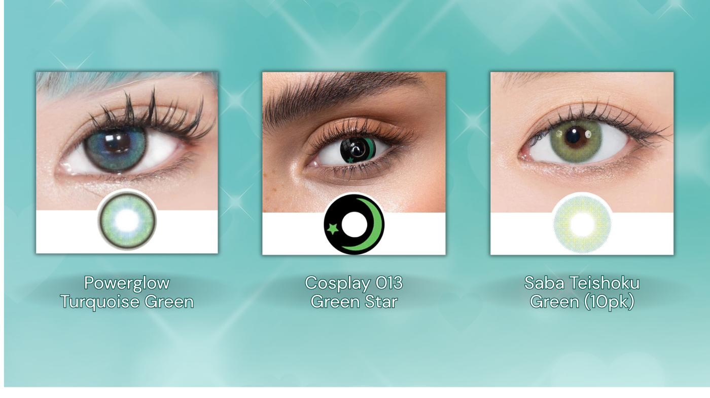 Colored contacts for Envy cosplay from Inside Out 2 featuring EyeCandys PowerGlow Turquoise Green, Cosplay 013 Green Star, and N's Collection Saba Teishoko Green for wide-eyed, animated green look