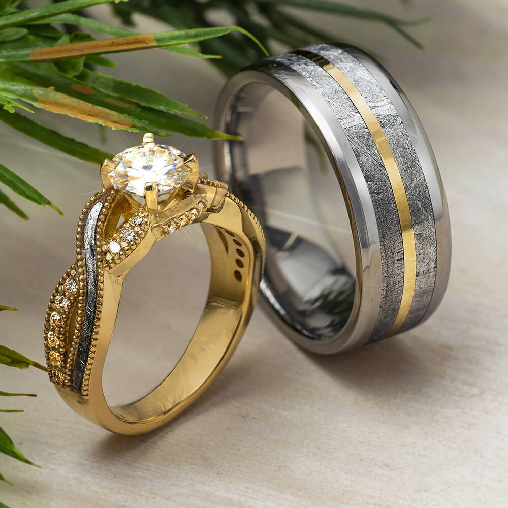 Matching Yellow Gold and Meteorite Rings
