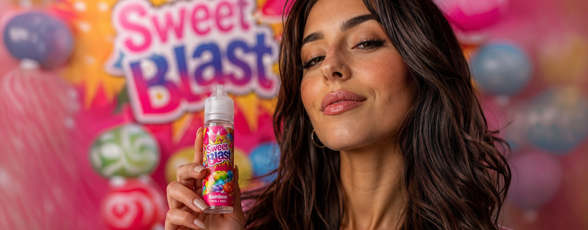 An influencer holding a colorful candy bottle of vape juice with a vibrant background.