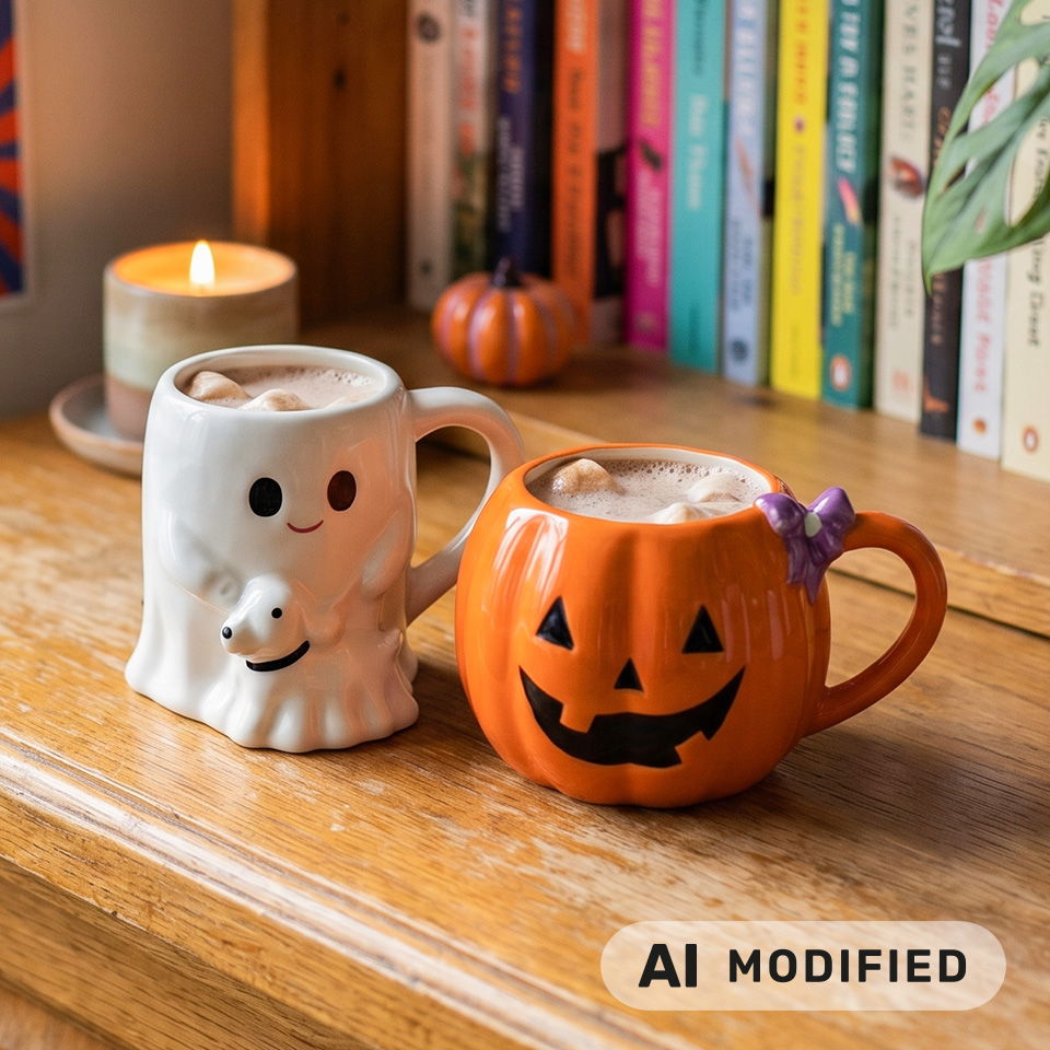 Deux mugs festifs : un fantôme et une citrouille, sur une table en bois.
