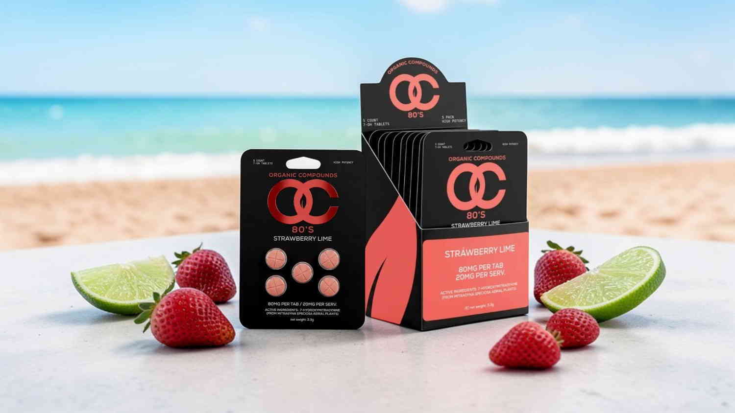 Product packaging with strawberries and lime on a beach background.