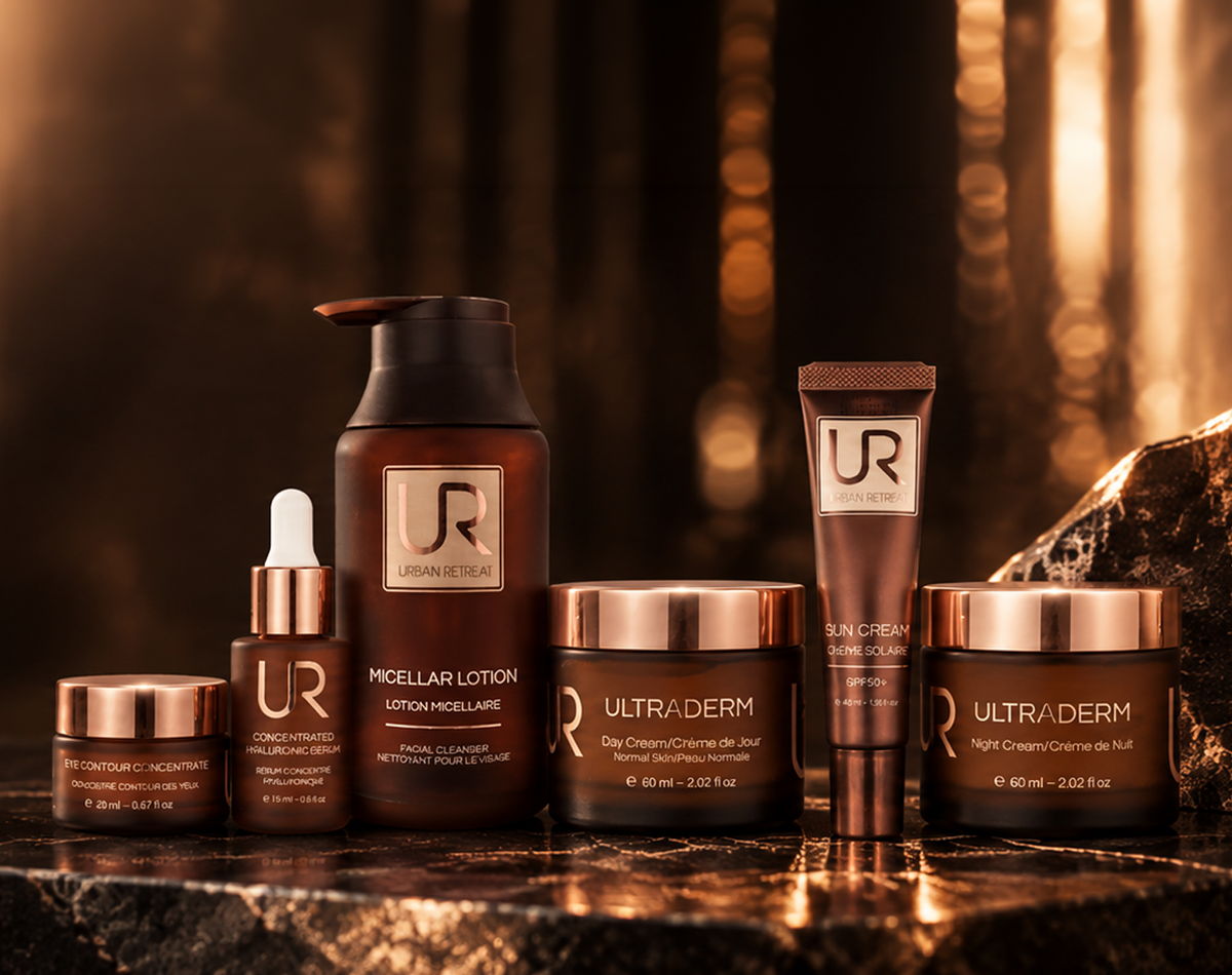 A collection of URBAN RETREAT skincare products on a dark, textured surface.