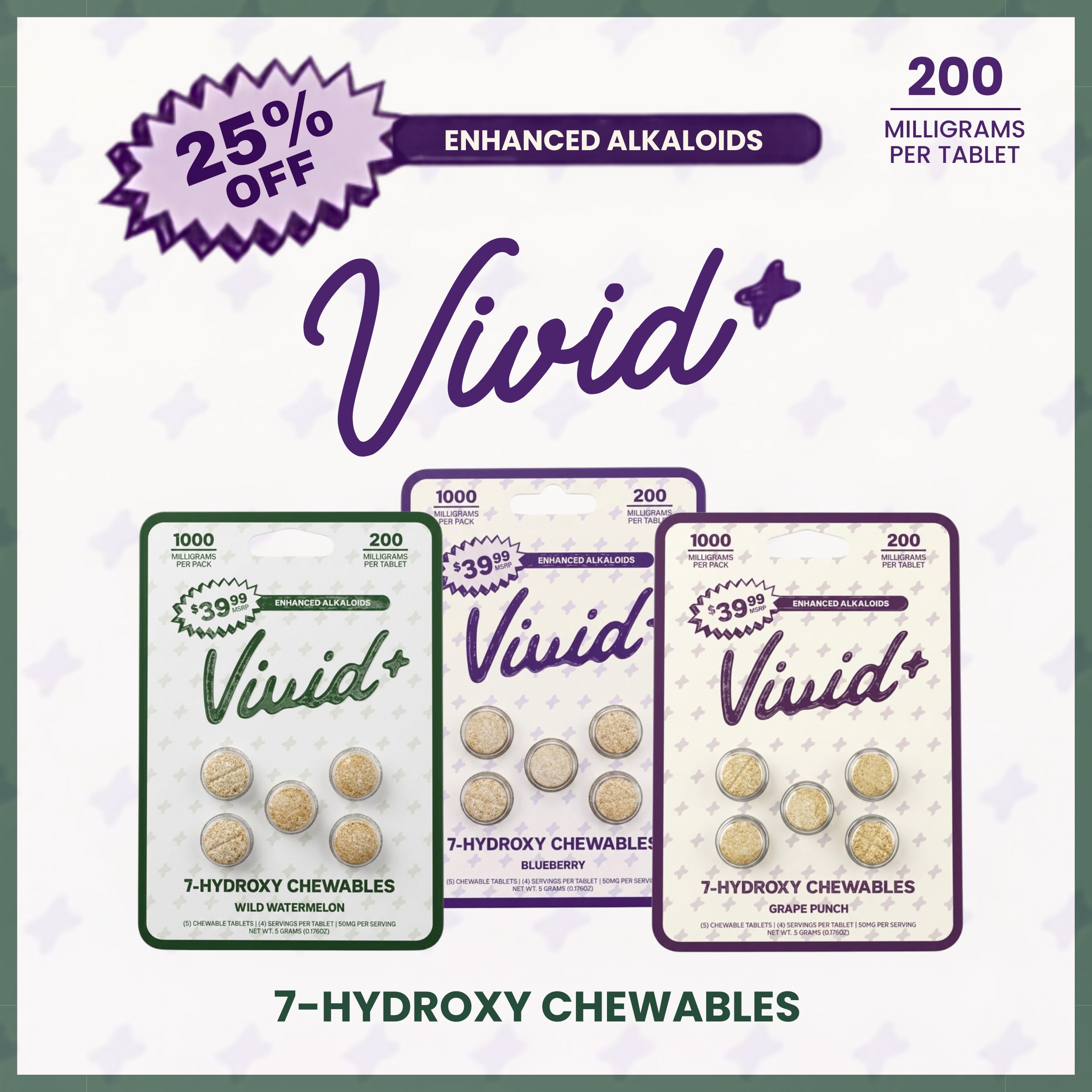 Vivid+ 7-hydroxy chewables packaging with discount offer.