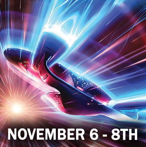 Promotional graphic featuring dates November 6-8 with vibrant effects.